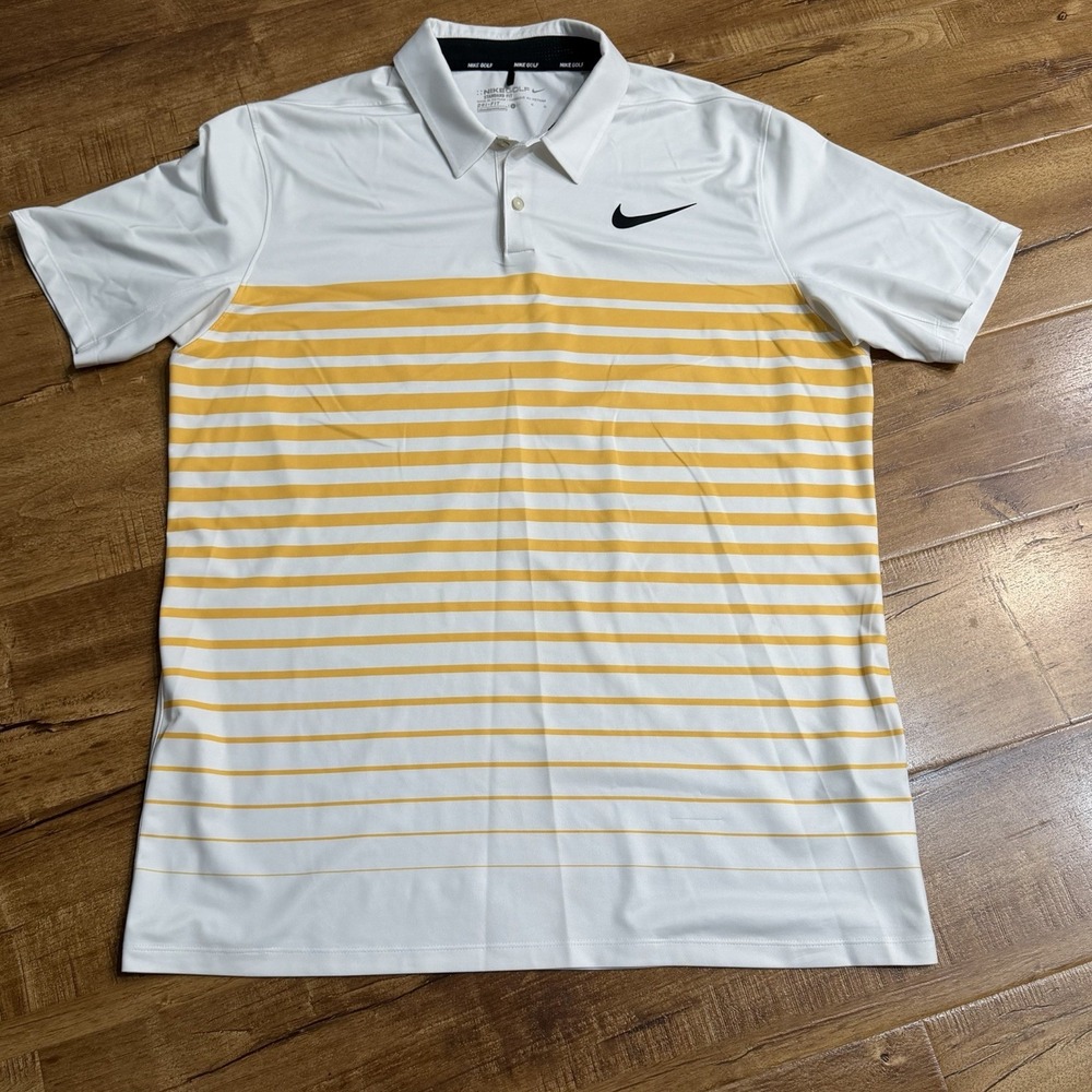 Nike Men's Golf Dri-FIT Polo Shirt Standard Fit White Yellow Sz Large